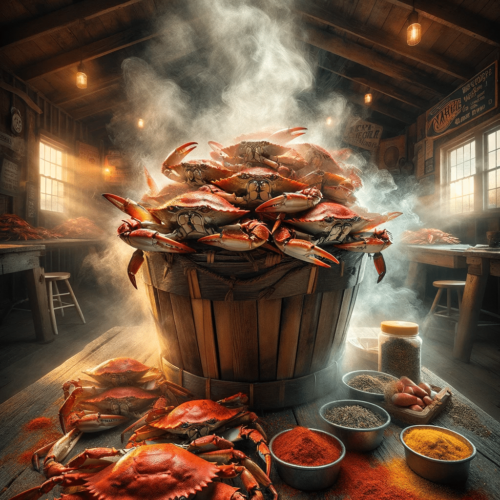 A bucket of crabs is being cooked in the kitchen.