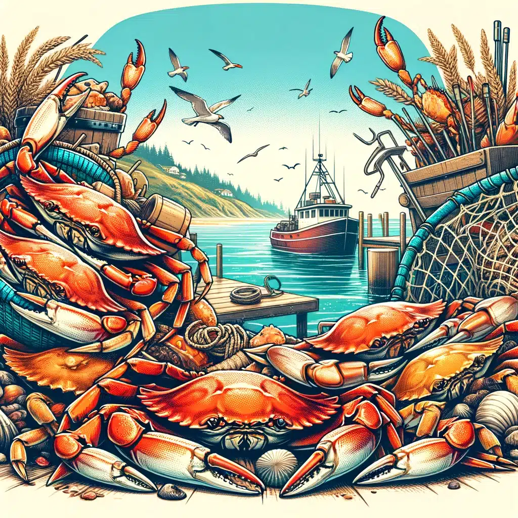 A painting of crabs and fishing nets in the ocean.